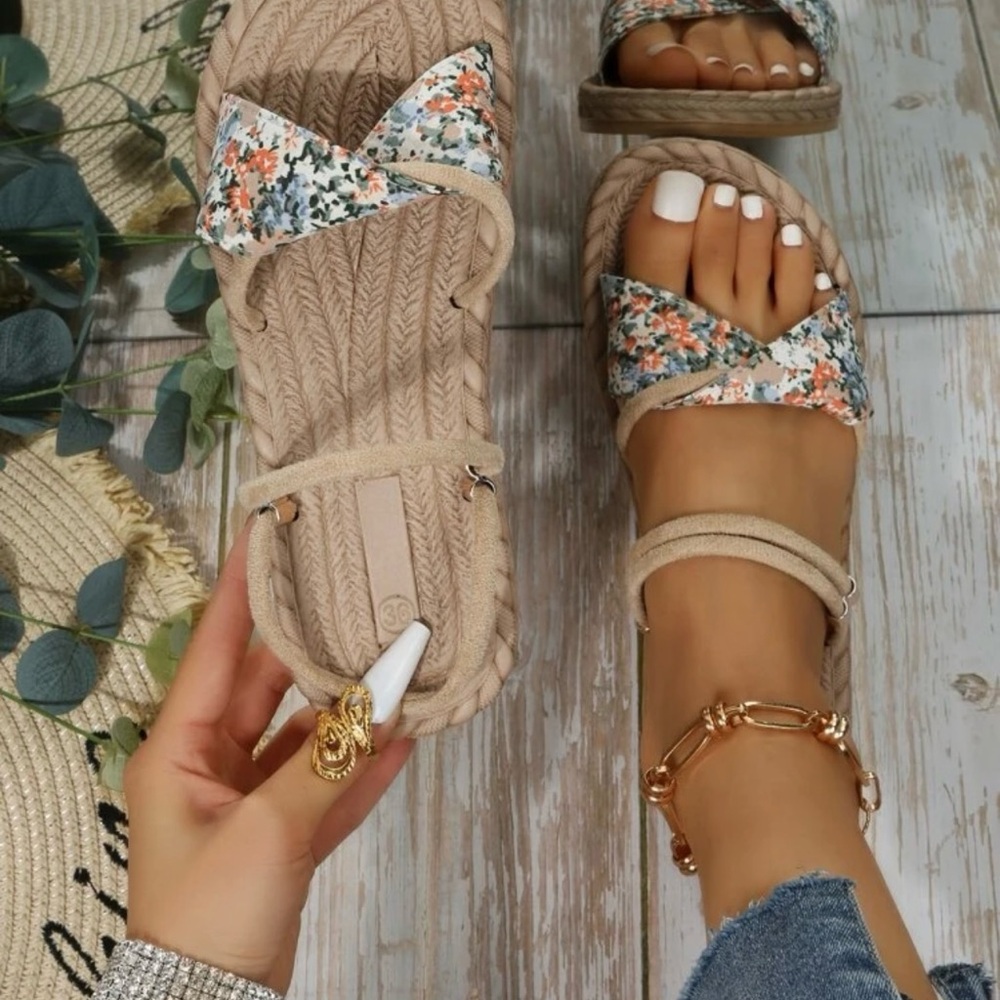 Floral Print Sandals with Braided Sole